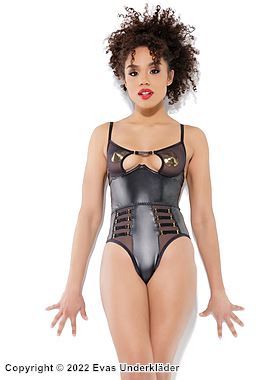 Seductive teddy, wet look, sheer inlays, open crotch, straps, cut out